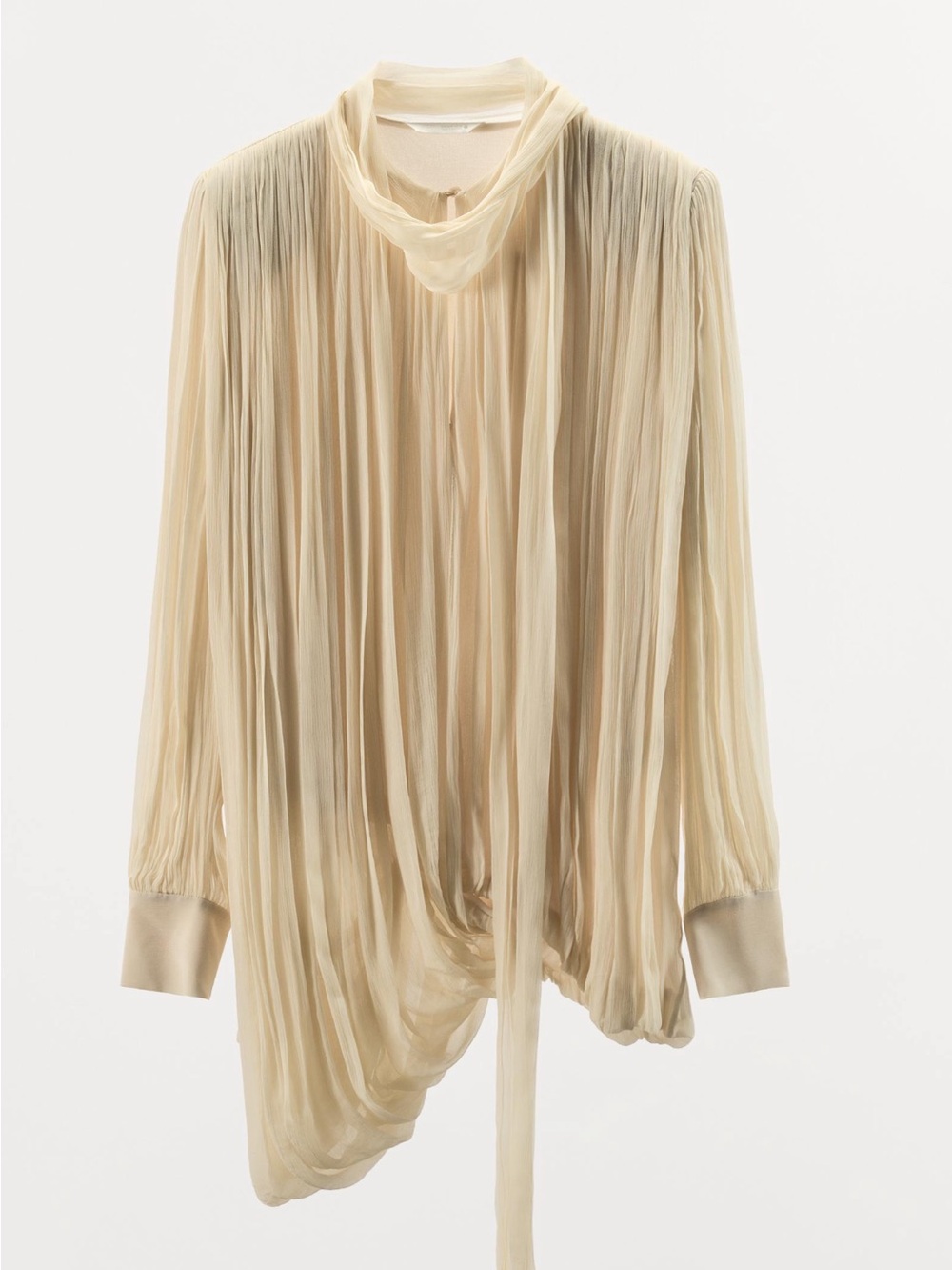 Zara Pleated Long-Sleeve Draped Blouse - Beige Cream